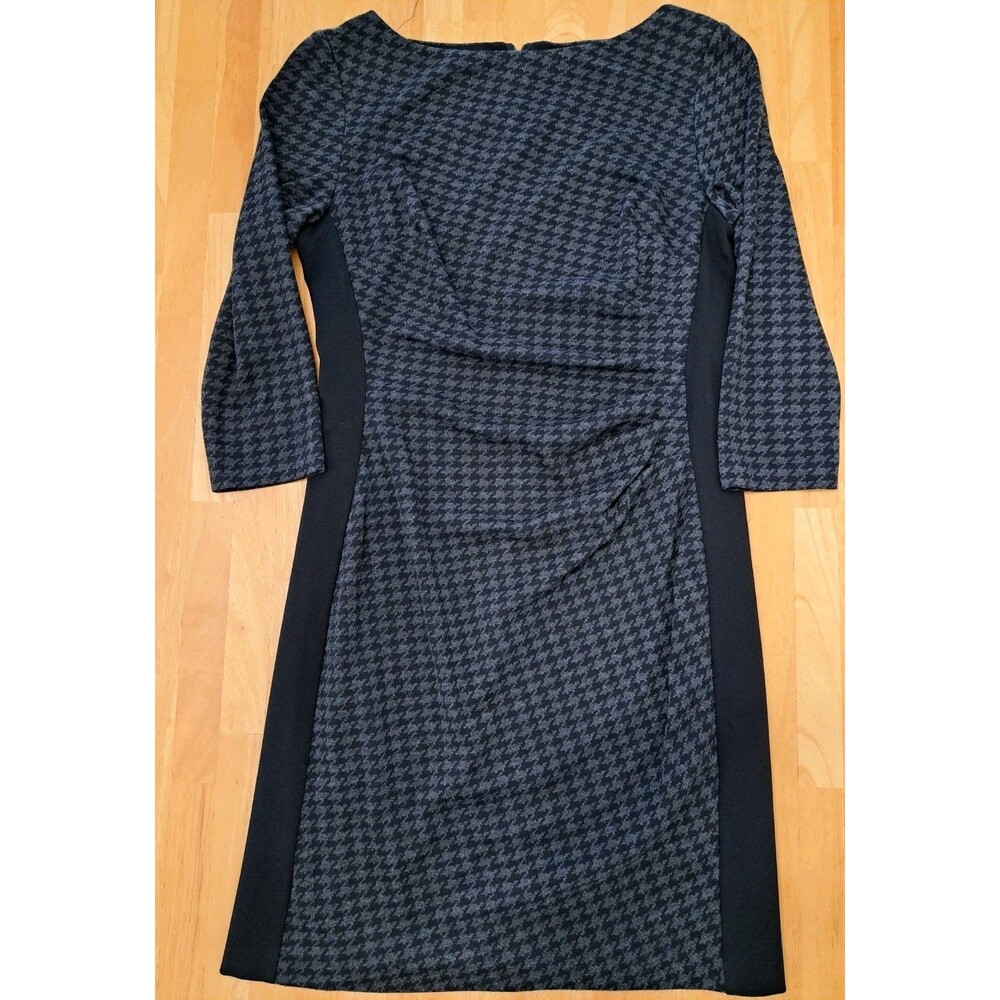 Lauren Ralph Lauren Black & Gray Houndstooth Ruched Dress Black Stretch Sides 14